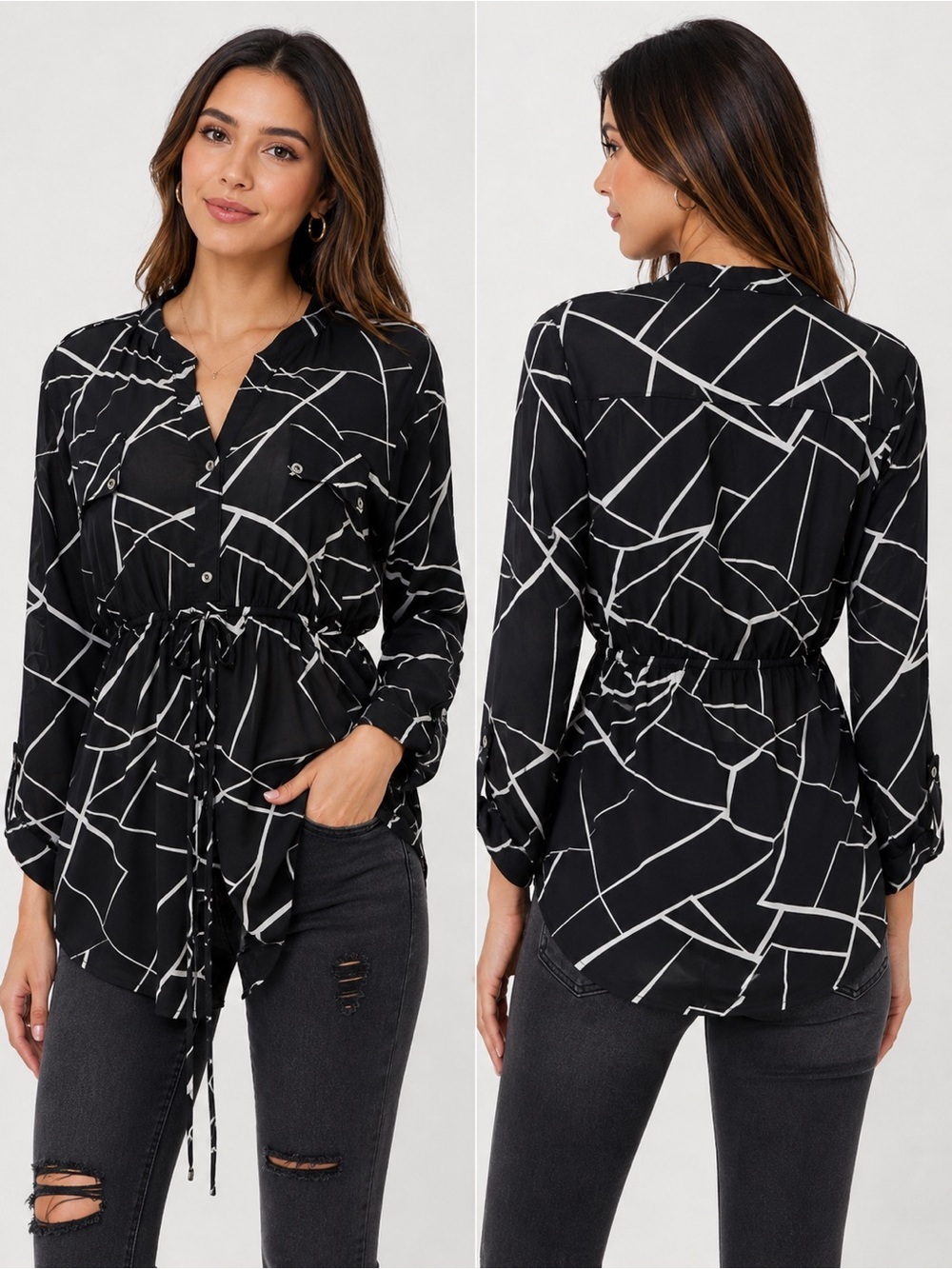 Siren Lily Black Geometric Drawstring Button-Up Blouse